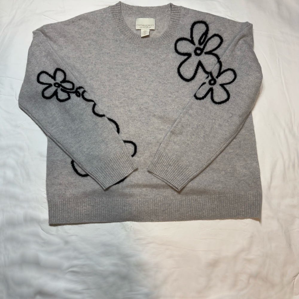 Cynthia Rowley Gray and Black Crew Neck Sweater with Floral Design